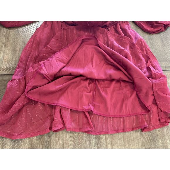 NWT Francesca’s Off The Shoulder Red Wine Shimmer Mini Ruffle Dress Size Medium - Picture 8 of 16
